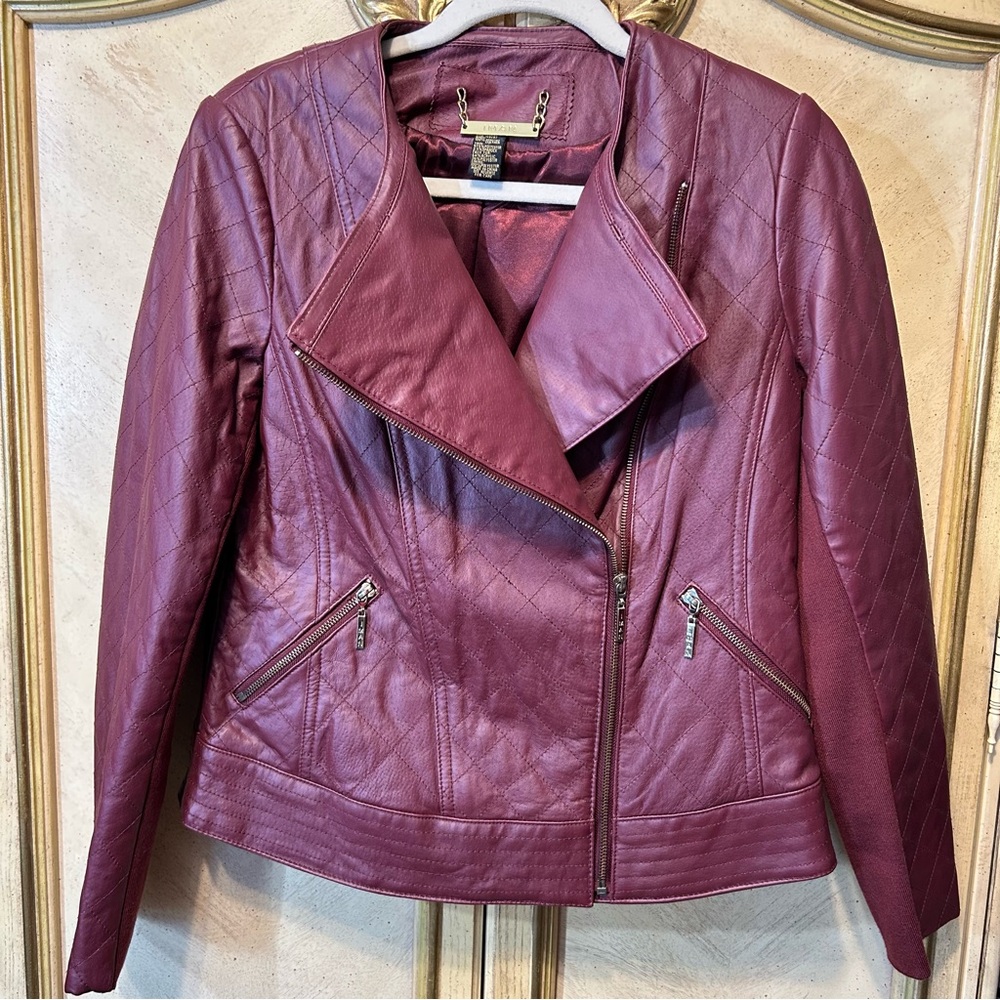 IMAN Maroon Burgundy Leather Diamond Stitched Gold Zip Moto Jacket